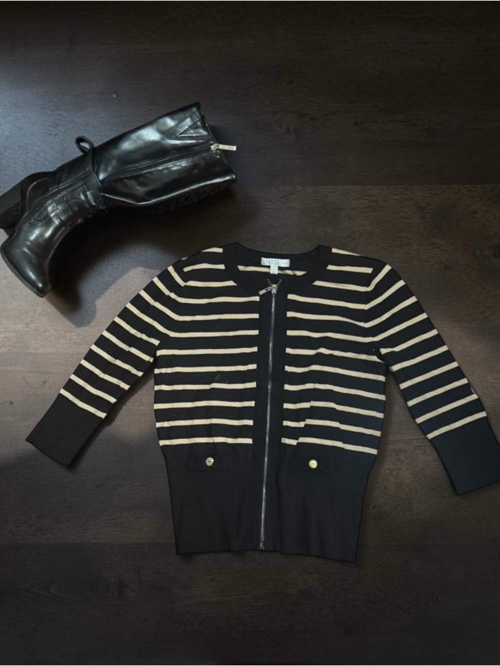 Spense Black and Cream Striped Zip-Front Cardigan
